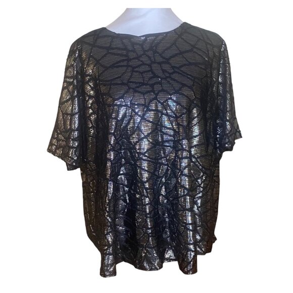 Alfani Metallic Black & Silver Top 3X Short Sleeve Holiday Party Celebration - Picture 2 of 9